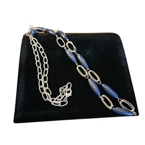 Fashion‎ Necklace Blue Oval Beads Silver Chain Long Statement Jewelry